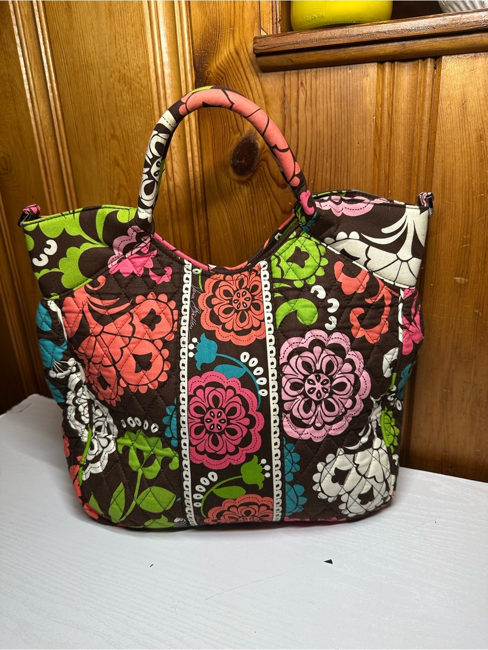 Quilted Floral Tote Bag in Brown with Pink & Green Accents